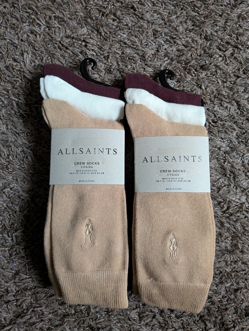 NWT All Saints Beige/Ivory/Burgundy Cotton 3 Pair Crew Socks Men's 7-12 2 Packs